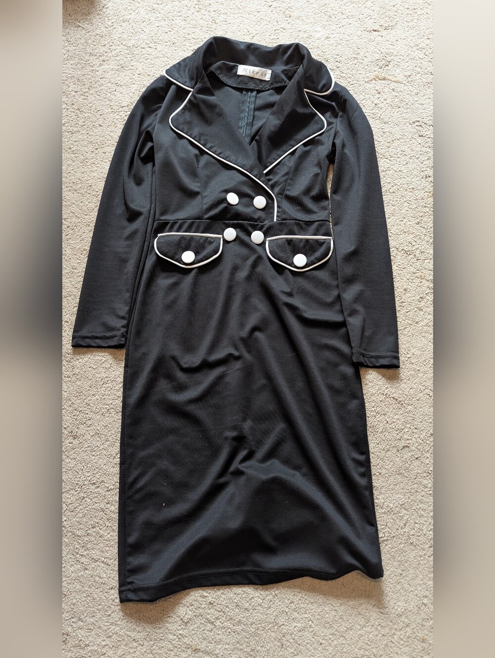 Amazon Essentials Black Long-Sleeve Double-Breasted Dress with White Piping